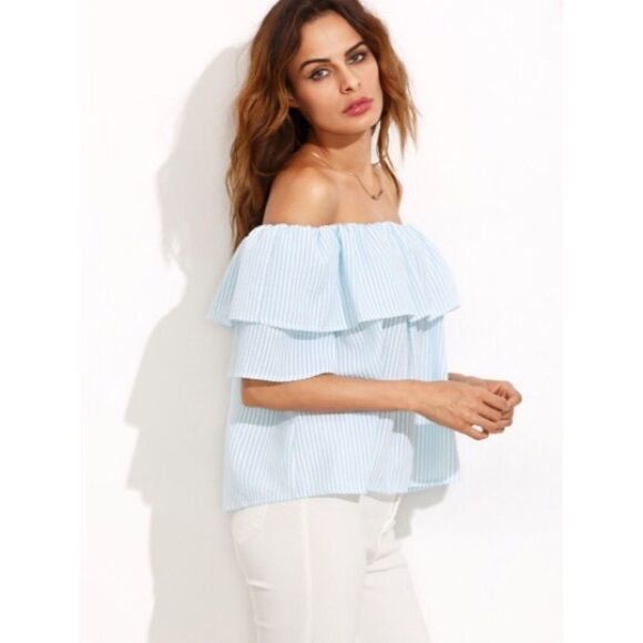 ✨Blue Striped Off The Shoulder Ruffle Blouse
✨ - Picture 3 of 4